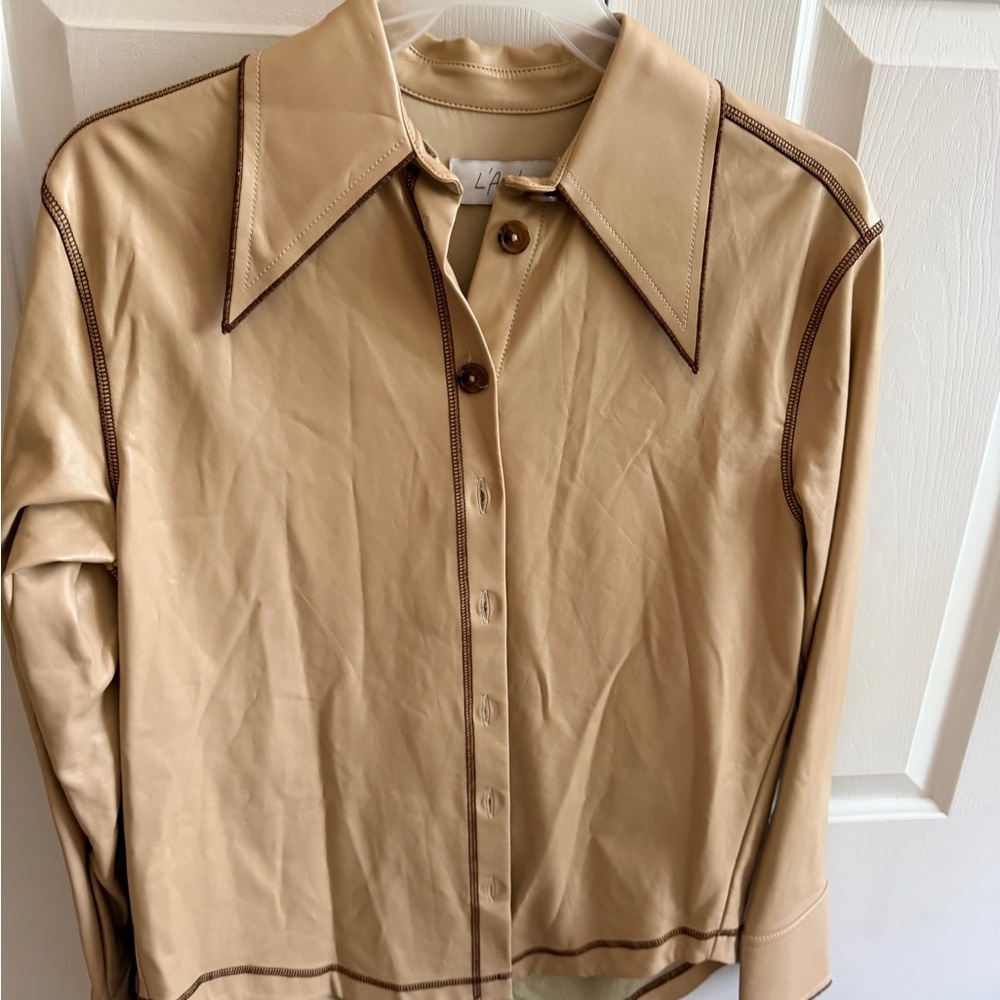 L’Academie Tan Faux Leather Button-Up Shirt with Contrast Stitching